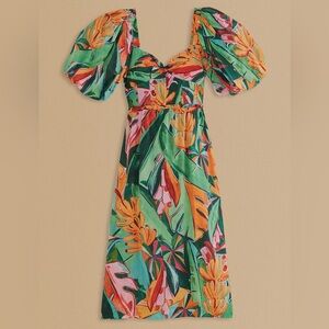 NWT FARM Rio Banana Foliage Multicolor Puffed Sleeve Midi Dress